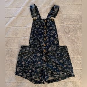 Material Girl floral print denim overall shorts
